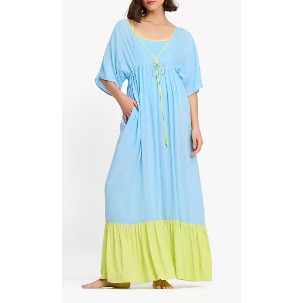 Kate Spade Colorblock Maxi Cover Up Dress Size L Blue/ Yellow-green